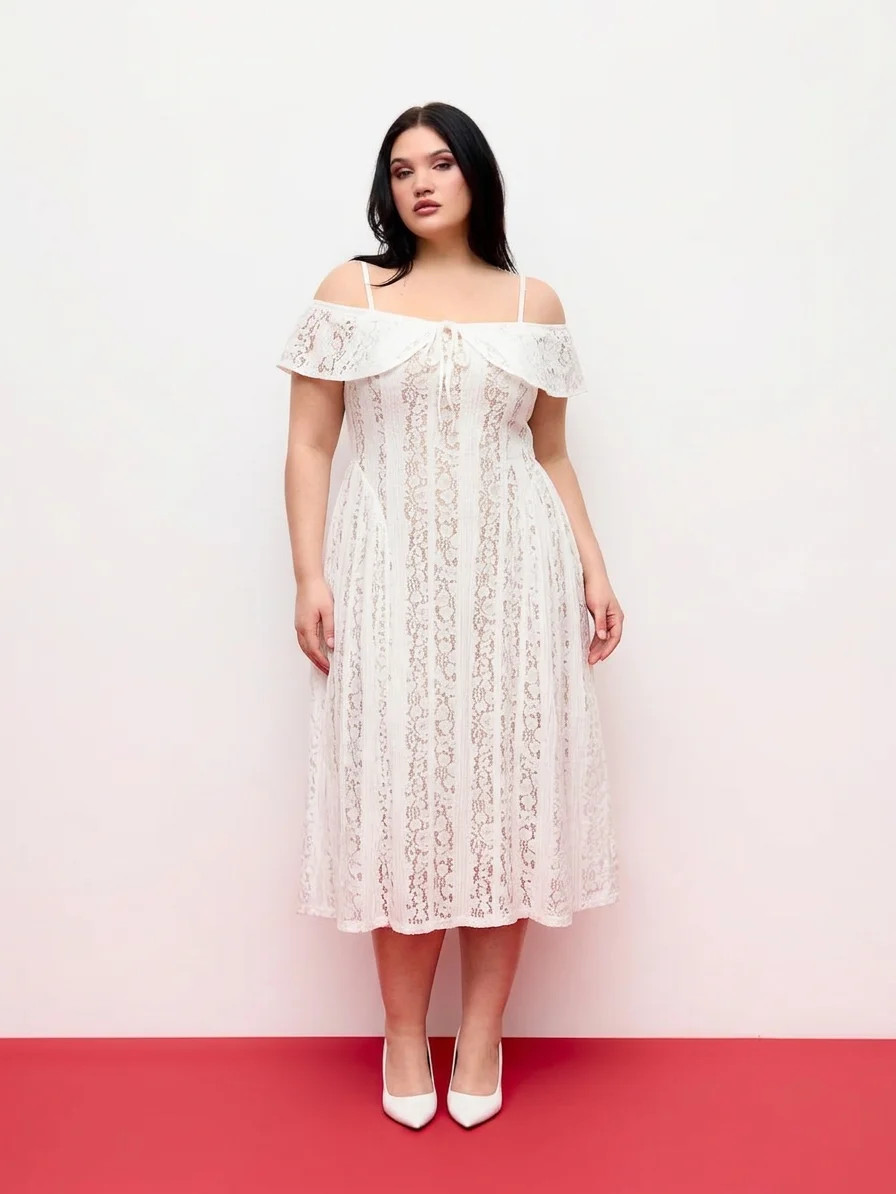 Lace Lace Off-Shoulder Knotted Flared Maxi Dress Curve & Plus For Daily Casual Vacation | Cider