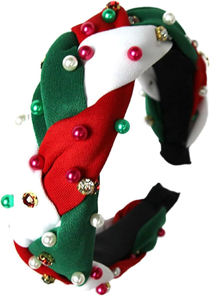 Crystal Embellished Christmas Headband for Woman Pearl Knotted Holiday Hair Accessory Gift 1 Piec... | Amazon (US)