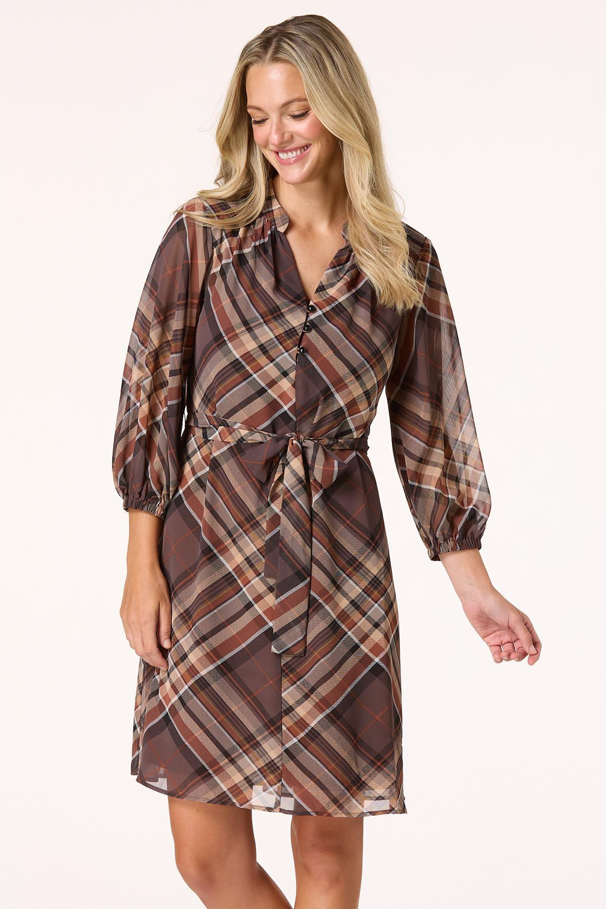 Brown Plaid Tie Belt Shirt Dress | Cato Fashions