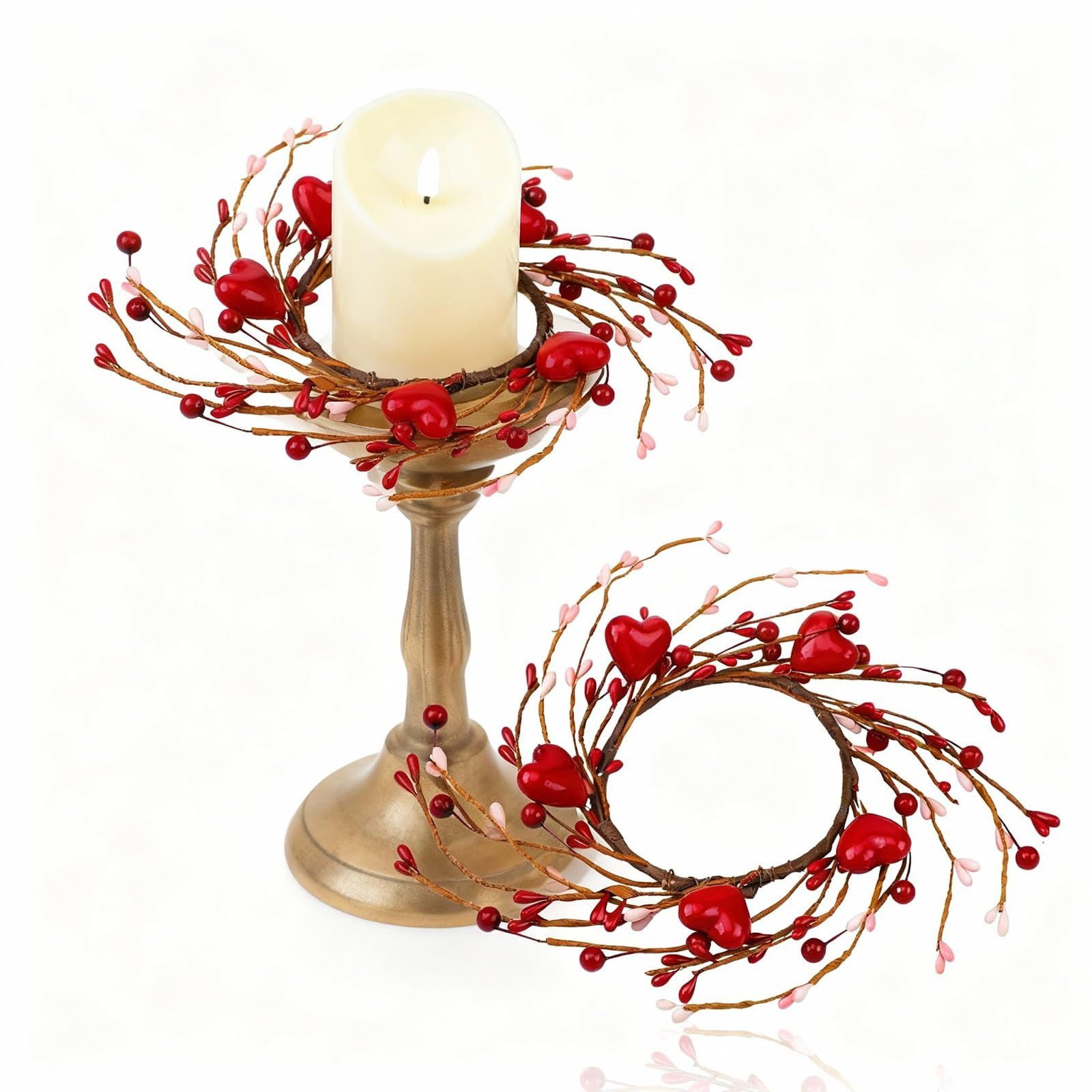 Daifunli 2 Pcs Valentine Day Candle Rings Heart and Red Berry Vintage Wood Wreath for Pillar 3.9 ... | Amazon (US)