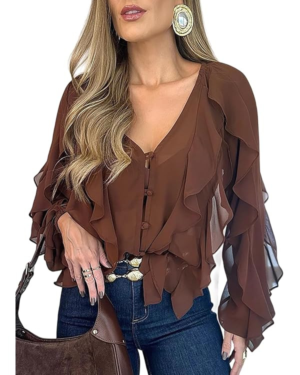 CHICME Women's V Neck Ruffle Blouses Button Down Semi-Sheer Dressy Casual Top Fashion Long Sleeve... | Amazon (US)