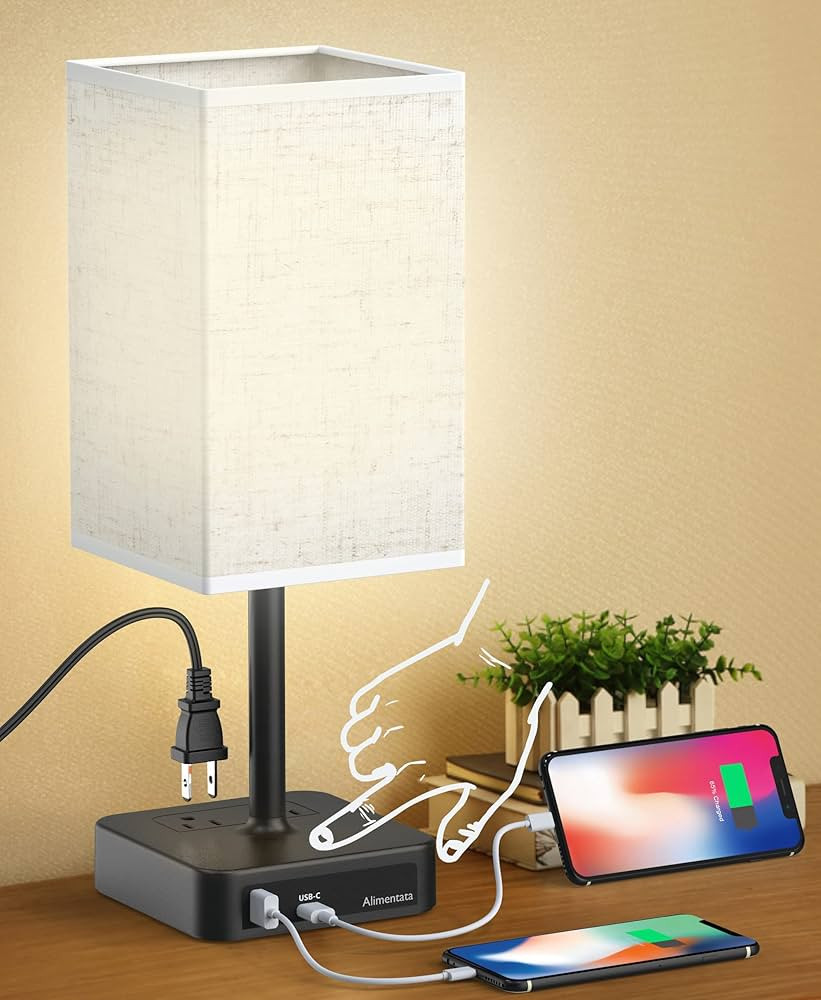 Alimentata Touch Control Bedside Table Lamp with USB C & USB A Charging Port and 2 AC Outlet, Min... | Amazon (US)
