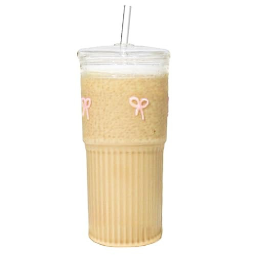 Greefun Aesthetic Bow Glass Tumbler with Lid and Straw, 20oz Icon Glass Cup with Cute Pink Bow Coquette Iced Coffee Smoothie Matcha Cup, Trendy stuff for women Birthday Supplies Gift | Amazon (US)