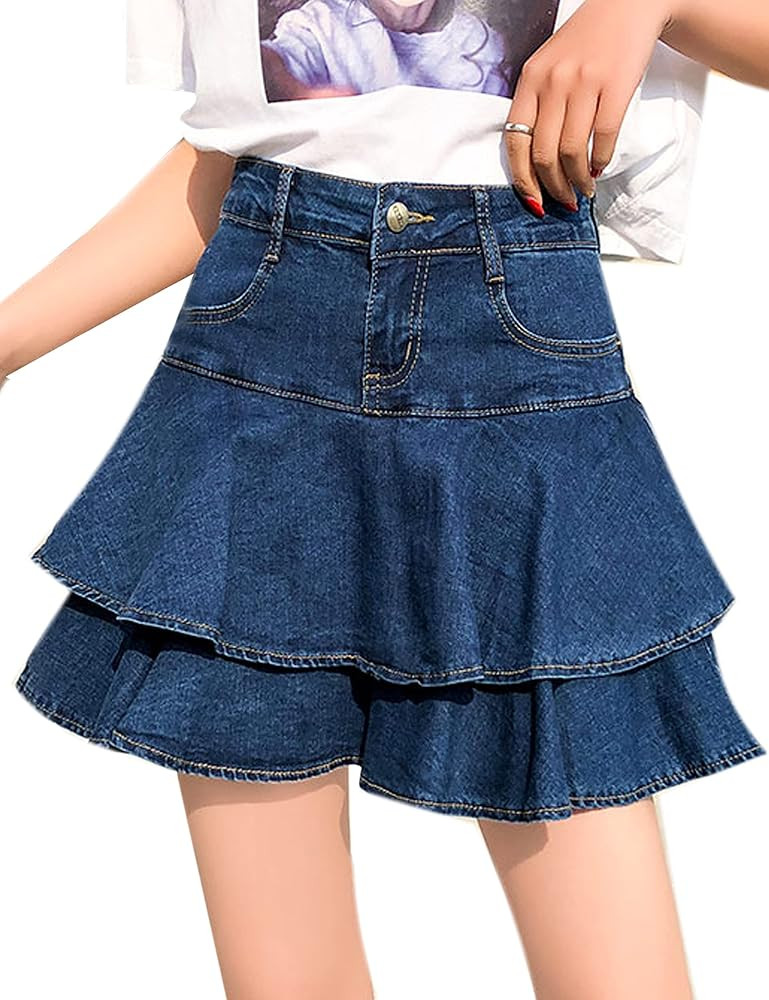 Dqbeng Women's A Line Denim Ruffle Skirt Y2K Pleated Mini Jean Skirts with Pockets | Amazon (US)