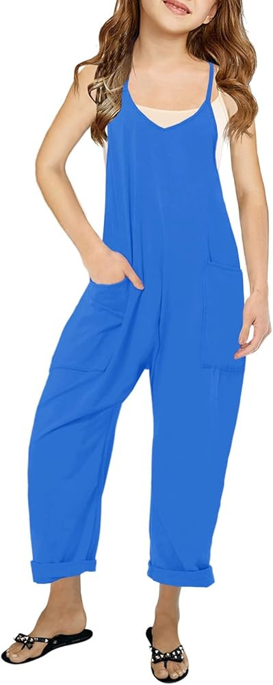 Cnkwei Girls' Casual Sleeveless Jumpsuits Spaghetti Strap Loose Romper Long Pants with Pockets | Amazon (US)