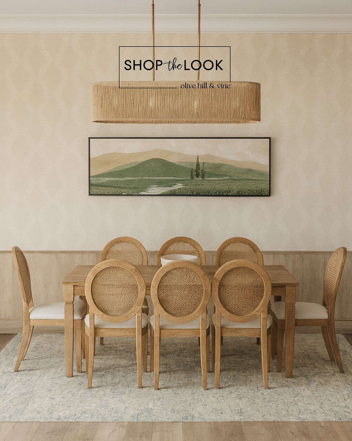 Natural textures meet timeless charm in this refined dining space. A diamond-pattern wallpaper, sage landscape art, rope-wrapped chandelier, and oval cane chairs gather around a wood table—offering warmth, texture, and easy elegance for everyday dining. 

 

#LTKHome #LTKStyleTip #LTKFamily