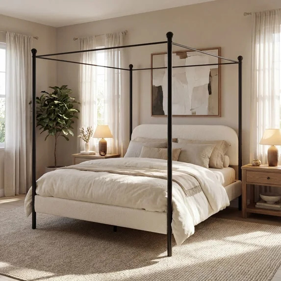Christopher Knight Home Queen Upholstered Canopy Bed Frame with Boucle Fabric and Curved Headboar... | Walmart (US)
