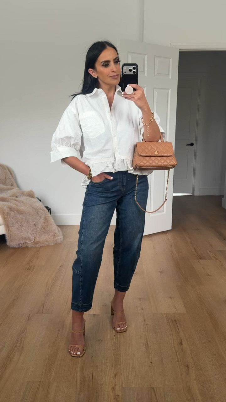 Dressy Casual Blouse Top with short ruffled sleeves
Any size, Multiple Colours 
The Ultimate Barrel Leg Jeans 