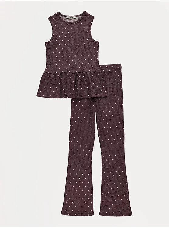 Brown Polka Dot Peplum Top and Wide Trousers Outfit | George
