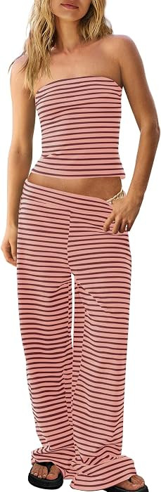 Panadila Womens Striped Lounge Set Tube Top and Pant Set | Amazon (US)