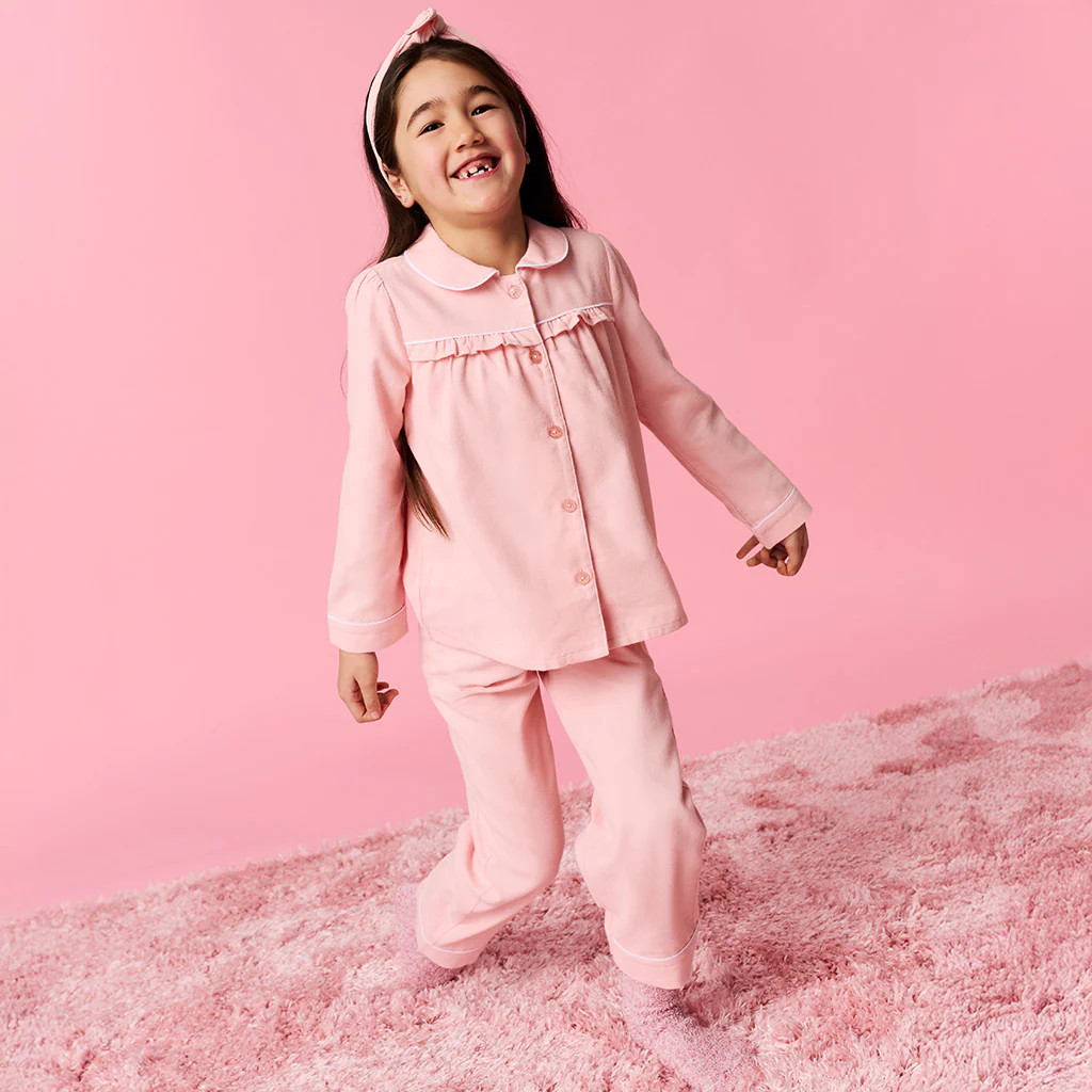Solid Pink Ruffled Flannelette Pajamas | Powder Pink | Posh Peanut