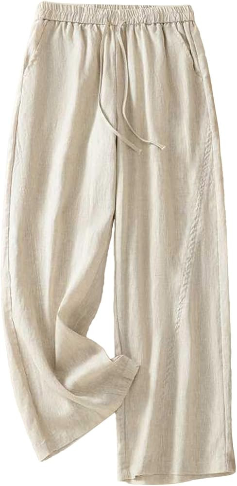 Womens Cotton Linen Pants Drawstring Elastic High Waisted Straight Leg Summer Casual Loose Trouse... | Amazon (US)