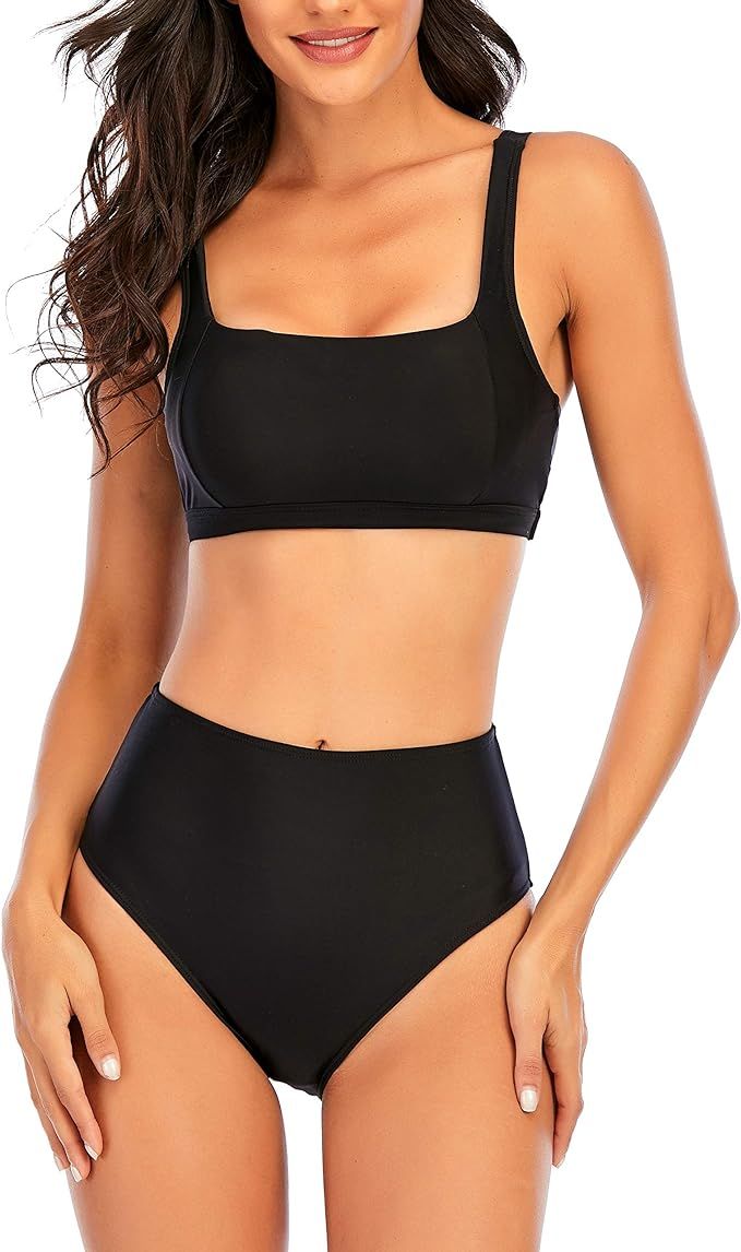 Vivian Women's Square Neck Wide Strap Swimsuit Cheeky Bikini Set High Waisted 2 Piece Bathing Sui... | Amazon (US)