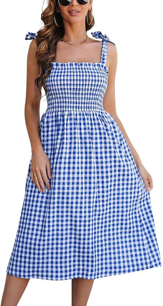 chouyatou Women's Spaghetti Strap Plaid Smocked Dress Retro Gingham Shoulder tie Babydoll Midi Lo... | Amazon (US)