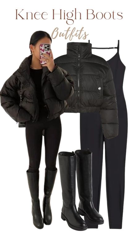 Black puffer jacket, one side, bodysuit, black boots, casual outfits 

#LTKfindsunder50 #LTKstyletip #LTKeurope