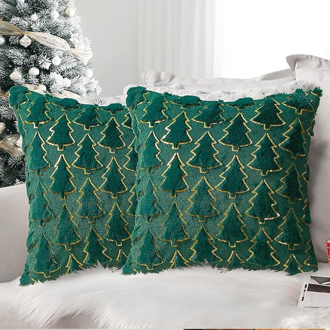 Christmas Throw Pillow Covers 18x18 Inch Dark Green Set of 2 Packs Christmas Tree Pillow Case Fau... | Amazon (US)