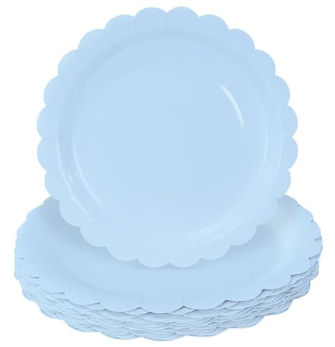 HEIPINIUYE 25 Pieces Light Blue Paper Plates 9 Inch Baby Blue Scalloped Plates Disposable Dinner Plate for Wedding Baby Shower Birthday Party Dessert Plate | Amazon (US)
