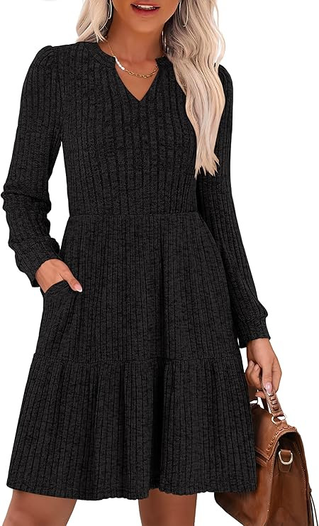 ANRABESS Long Sleeve Dress for Women Fall Fashion Outfits 2025 Casual V Neck Rib Knit Babydoll Sw... | Amazon (US)