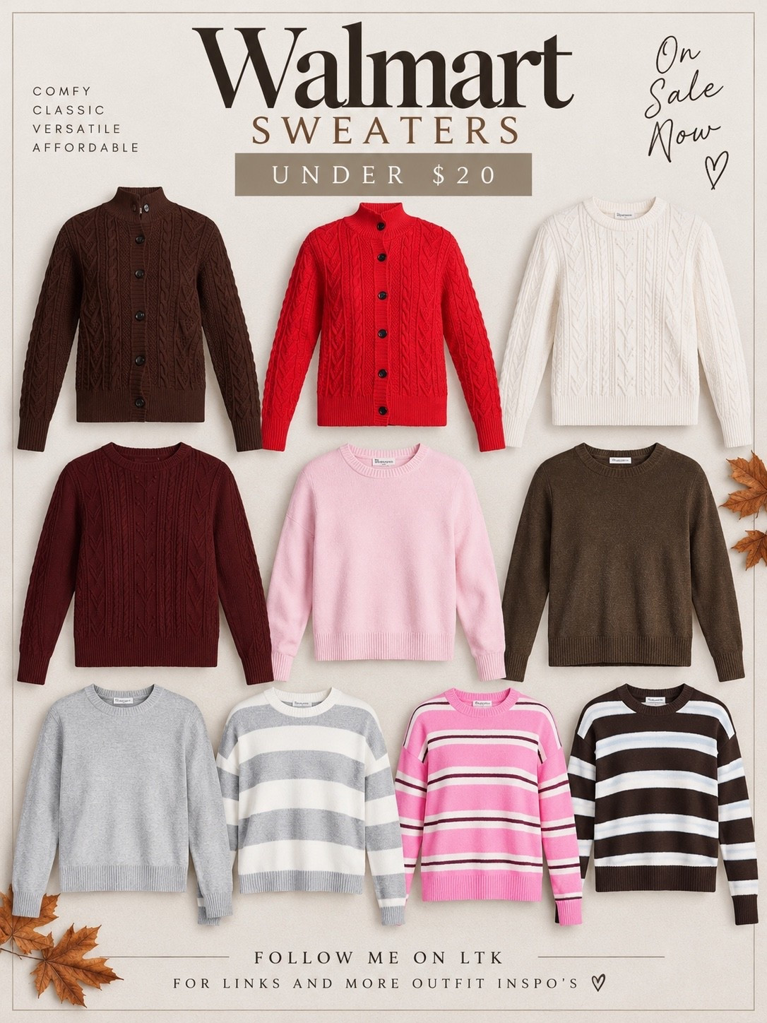 Sweater weather just got a little sweeter! 🍂 Walmart has some seriously cute knits on sale for under $20. From classic cable knits to relaxed stripes, these are the kind of pieces you’ll reach for all season. Affordable fall finds worth adding to your closet!