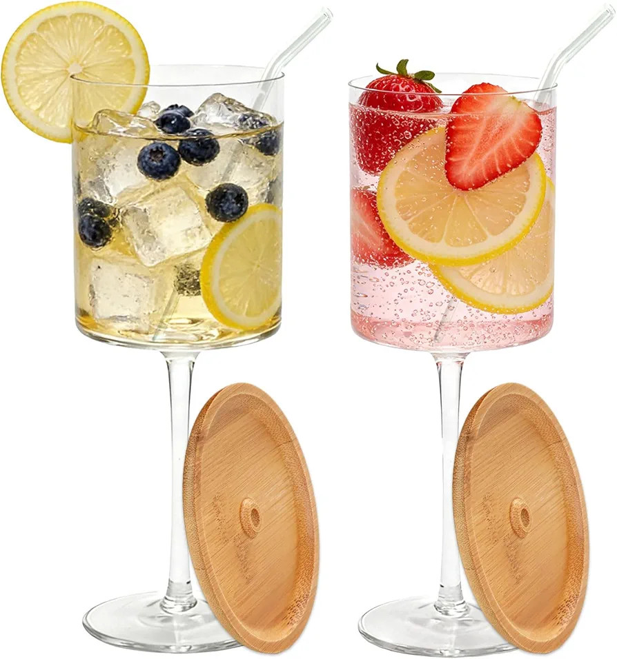Wine Glasses with Charcuterie Topper: Set of 2 Clear 13.5 oz Reusable Long Stem Glass Cups with B... | Amazon (US)