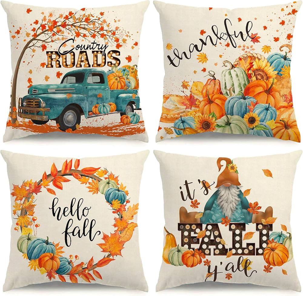 NIGHTWISH 4pcs 18×18 Fall Pillow Covers Fall Decorations Blue and Orange Atmosphere Pumpkin Thro... | Amazon (US)