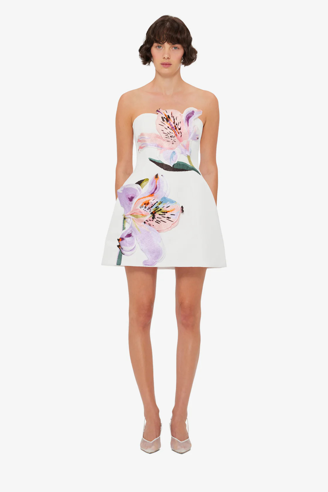 Rosario Appliqué Floral Bustier Mini Dress - Lily Print in Snow | LEO LIN US