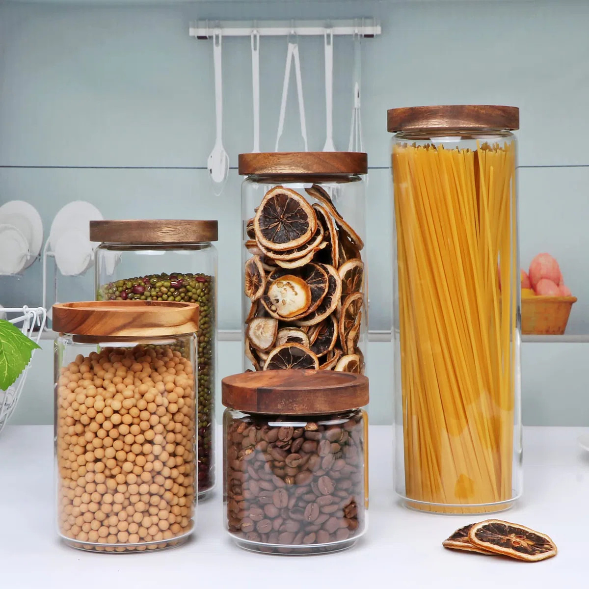 Glass Canisters With Wooden Lids Kitchen Jars For Storage,Tea,Sugar And Coffee Container Set,Set ... | Wayfair North America