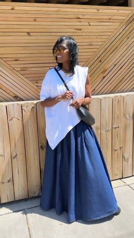 Classy casual day in denim. Look this flowy skirt.  It can be dressed up or down  paired with the most comfortable slides  

#LTKover40 #LTKstyletip