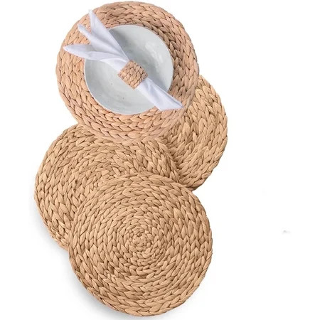 Laquedecraft 13.8" Round Woven Rattan Water Hyacinth Placemats Set of 4 Table Mats | Farmhouse Spring Plate Chargers | Walmart (US)