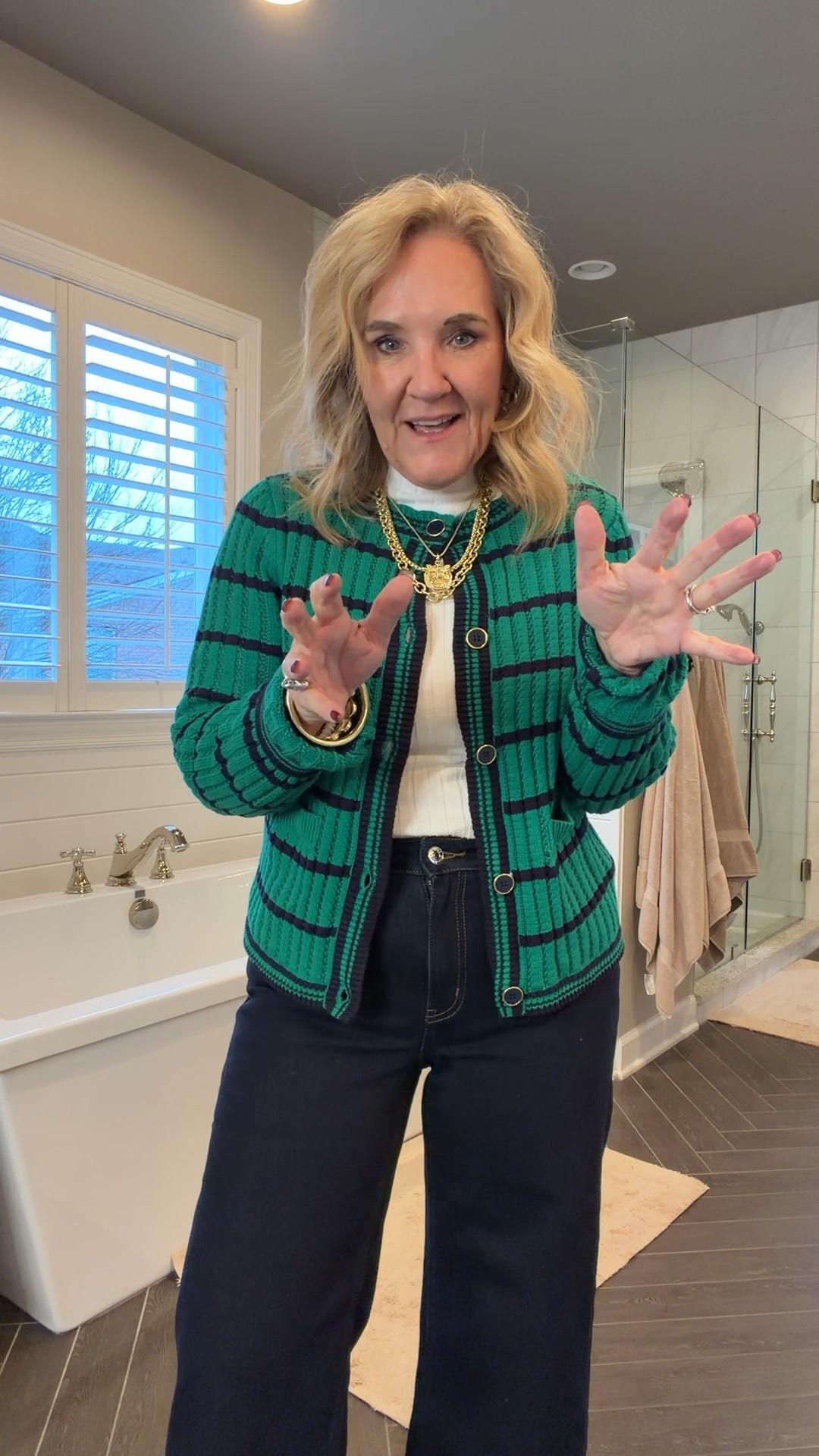 Walmart sweater and ribbed mock neck size medium 
Bella wide leg jeans size 29 inseam 28 if inbetween you may want to size up 

#LTKOver40 #LTKPetite #LTKFindsUnder50