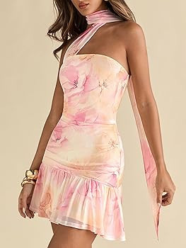 Floerns Women's Floral Mini Halter Neck Dress Bodycon Ruffle Hem Dress with Scarf | Amazon (US)