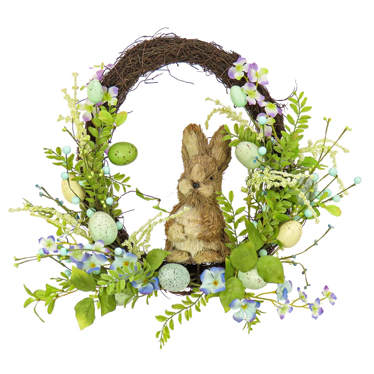 16-inch Artificial Easter Wreath Decorated with Wooden Bunny, Flower Blooms, Pastel Eggs, Berries... | Wayfair North America