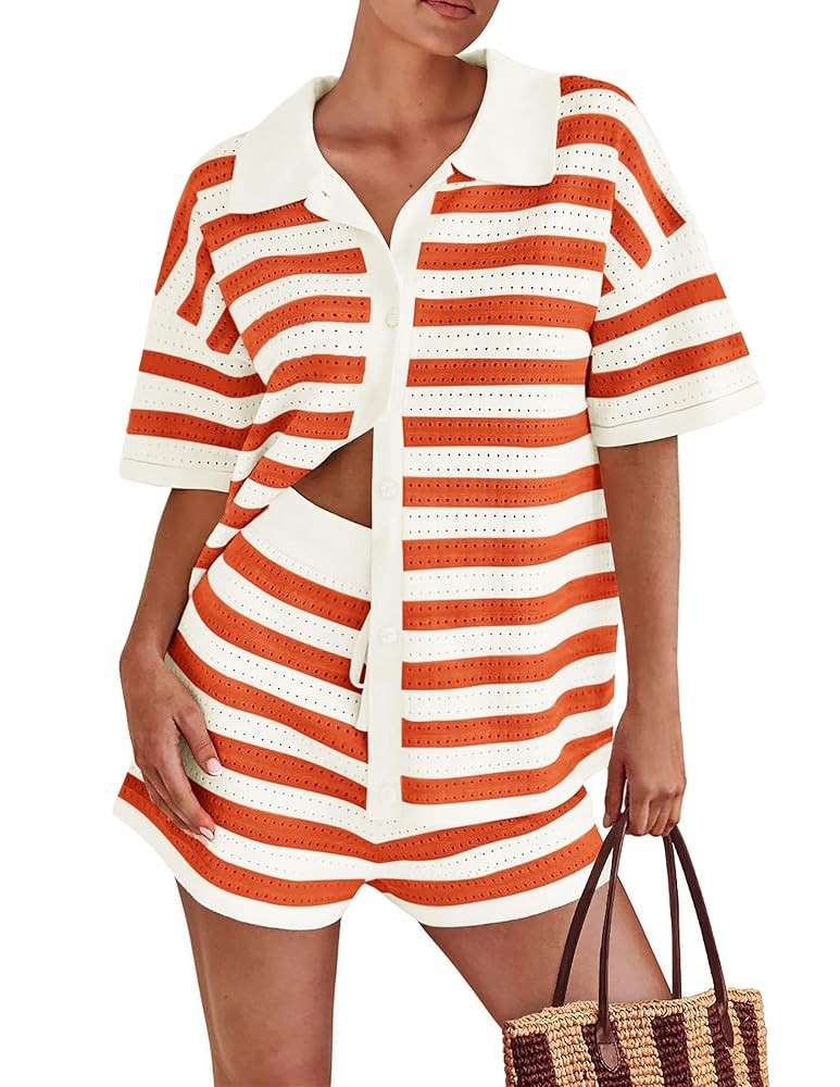 PRETTYGARDEN Women's 2 Piece Shorts Sets Casual Summer 2025 Short Sleeve Striped Sweater Set Matc... | Amazon (US)