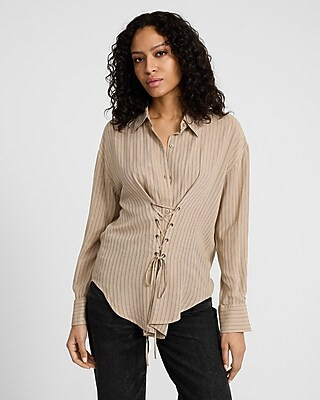Striped Lace Up Cinched Waist Boyfriend Portofino Shirt | Express