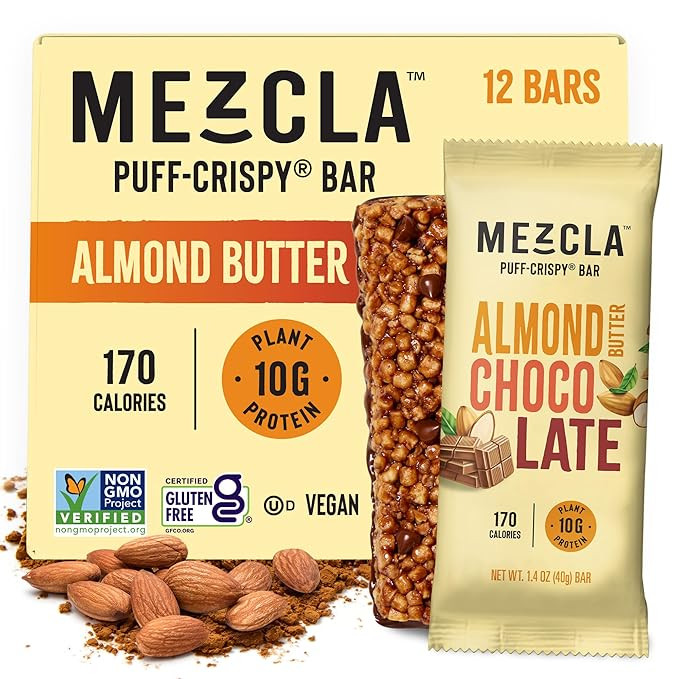 Mezcla Puff-Crispy Plant Based Protein Bars - Almond Butter Chocolate - Healthy Snacks for Adults... | Amazon (US)
