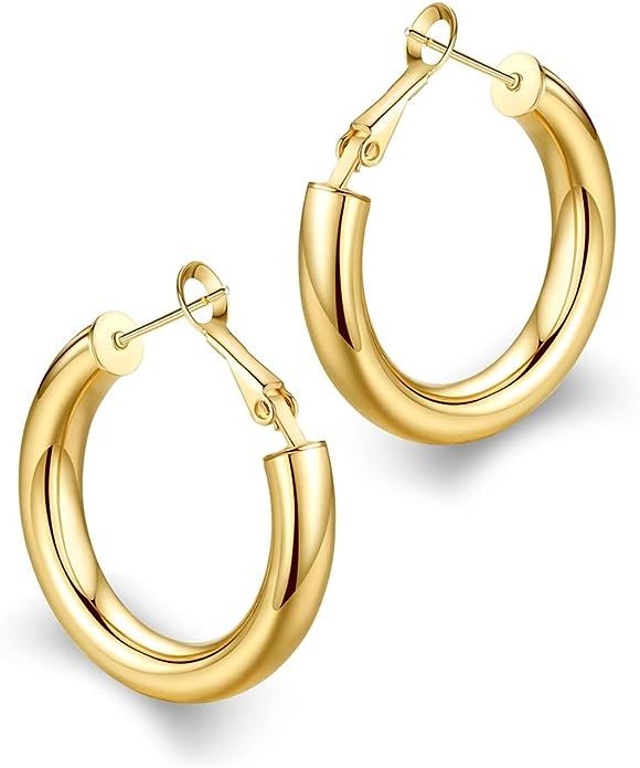 wowshow Thick Hoop Earrings Howllow 14K Gold Plated Gold Hoops for Women | Amazon (US)