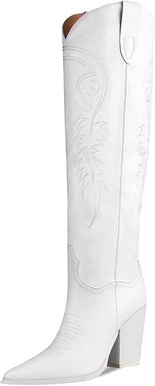 ISNOM Women's Western Boots Knee High Boots, Cowboy Cowgirl Embroidered Chunky Block Heel Pointed To | Amazon (US)