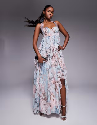 ASOS LUXE halter maxi dress with waterfall ruffles in lace floral print | ASOS | ASOS (Global)