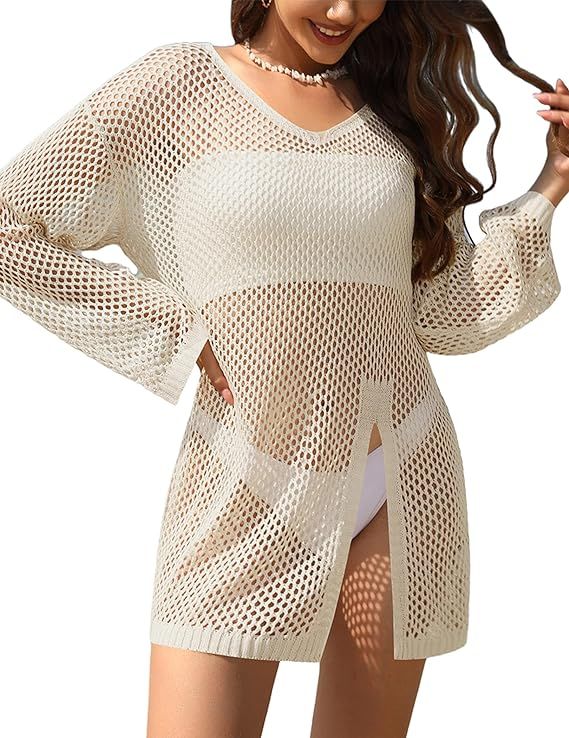 AI'MAGE Women's Crochet Cover Up Long Sleeve Bathing Suit Cover Ups Side Split Hollow Out Beach D... | Amazon (US)