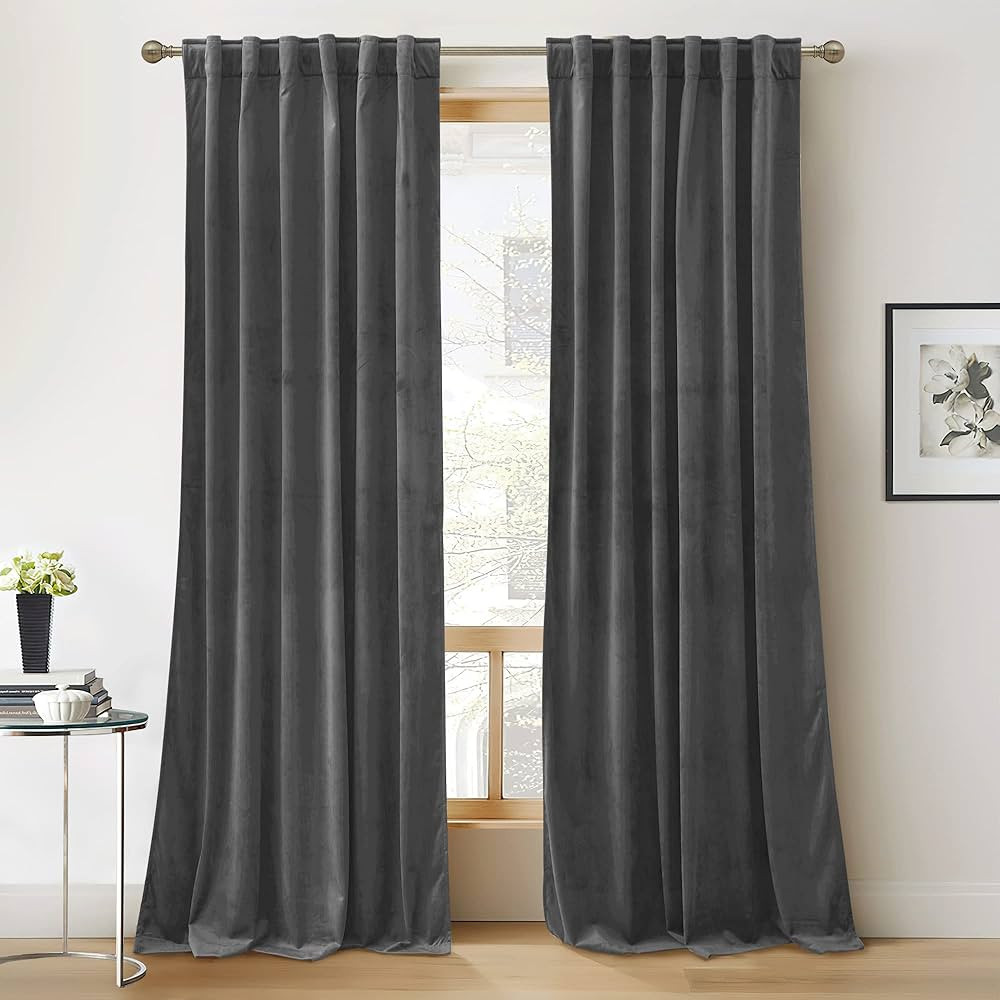 RYB HOME Grey Velvet Curtains 102 inches, Back Tab Soft Fabric Room Darkening Thermal Insulated L... | Amazon (US)