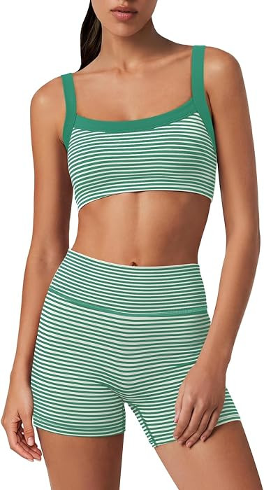 Workout Striped Sets for Women Yoga Two Piece Set Sports Bra Shorts | Amazon (US)