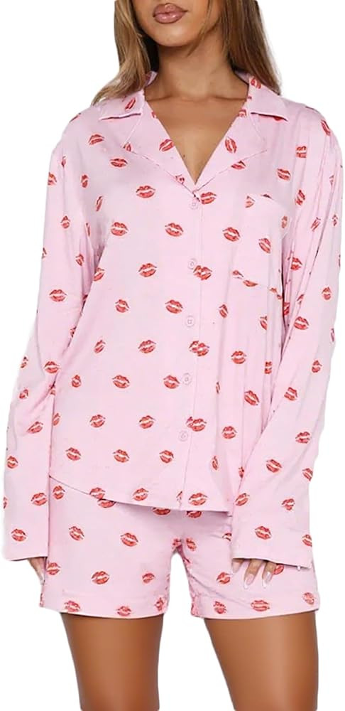RUEWEY Women 2 Piece Pajamas Set Button up Long Sleeves Shirt and Elastic Shorts Set Loungewear S... | Amazon (US)