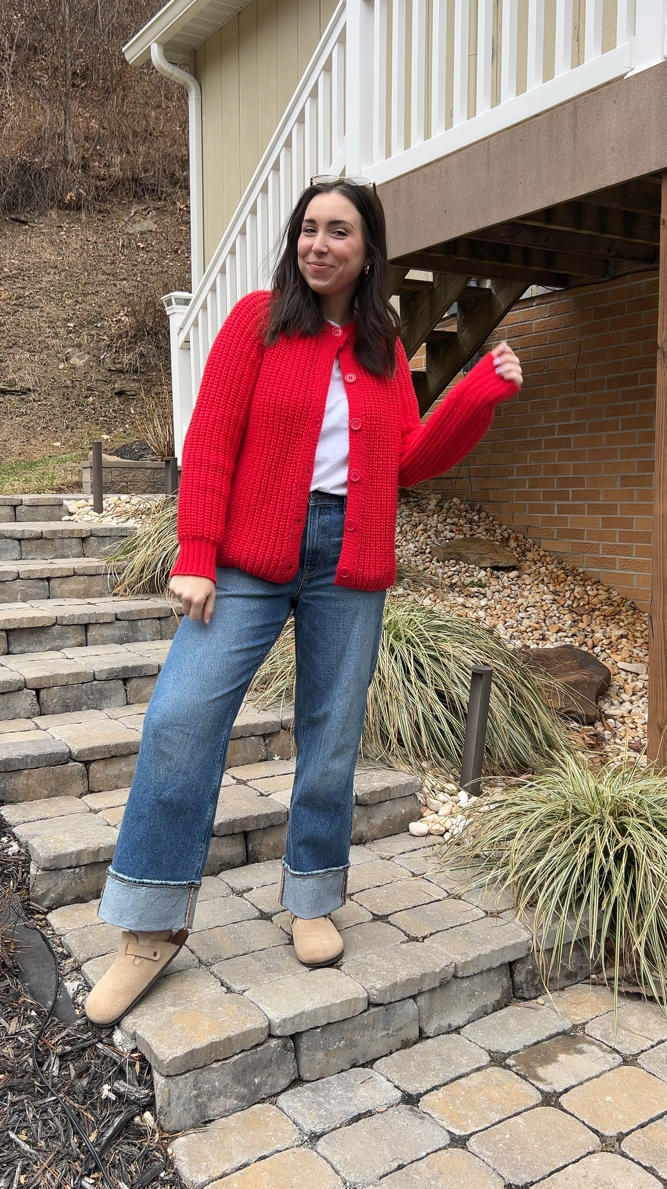 Cutie, casual Valentine’s Day outfit! Red Amazon sweater cardigan ❤️❤️❤️