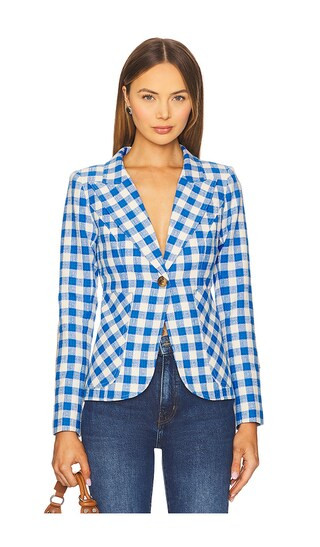 Patch Pocket Duchess Blazer in Marine Check W/ Whiskey Leather Patches | Revolve Clothing (Global)