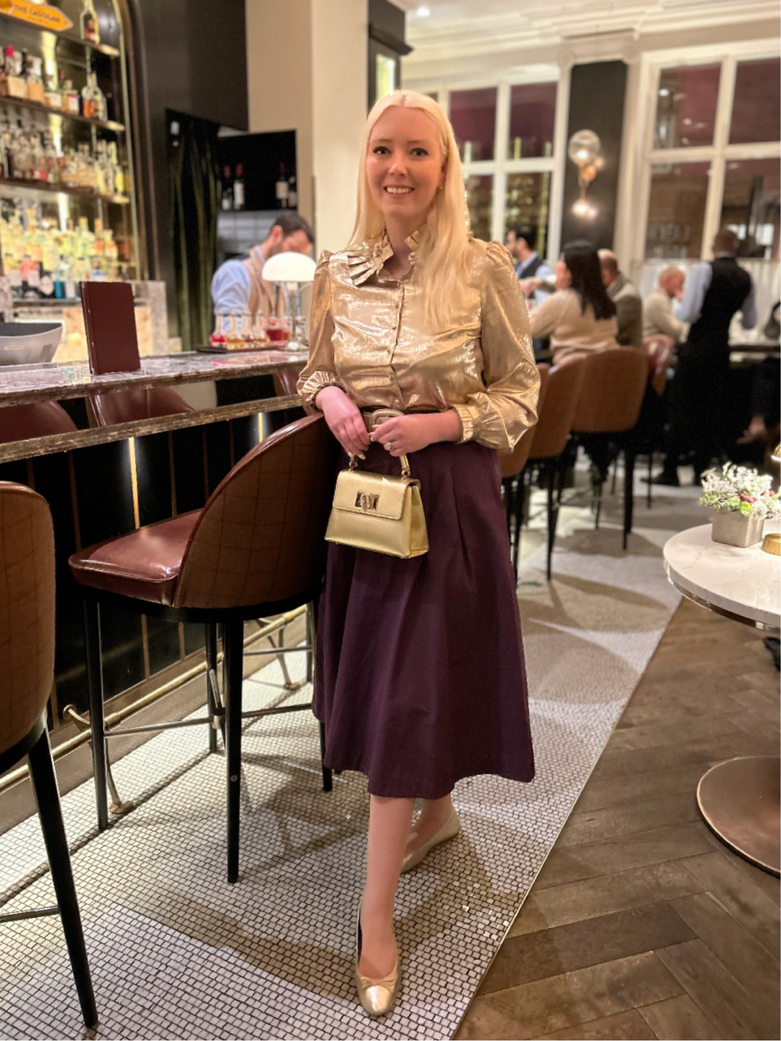 Gold and purple for Christmas drinks! Catch the Gold Frill Blouse and Isabella Purple Midi Skirt in the Boden winter sale! Although my Furla handbag and Hobbs gold Lisa ballerinas are from a past season, I’ve added products I would have bought instead - check out the incredible Aspinal of London gold bags, currently on a 25% + extra 10% sale and you’re just in time to receive (or send as a gift) for Christmas Day! Present idea 🎁 

#LTKluxury #LTKuk #LTKWinterSale