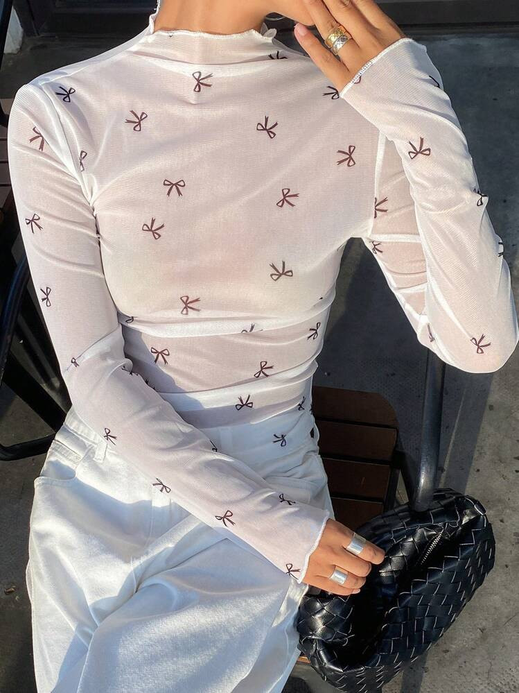 Livesso Women's Fashionable Sweet Bowknot Design Long Sleeve Top Sheer,Fall Women Clothes | SHEIN