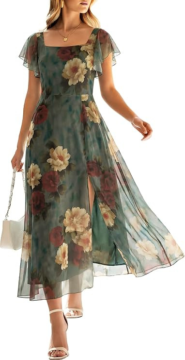 Caracilia Women Square Neck Floral Tulle Wedding Guest Bridemaid Dresses Summer Ruffle Sleeve Hig... | Amazon (US)