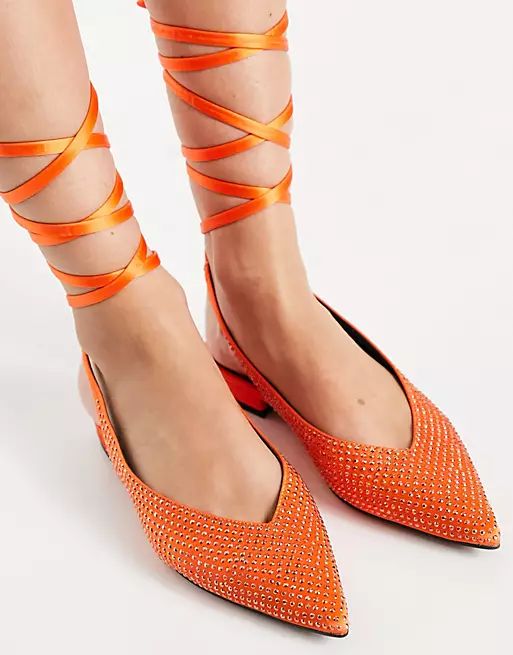ASOS DESIGN Lucent pointed tie leg ballet flats in orange satin | ASOS (Global)