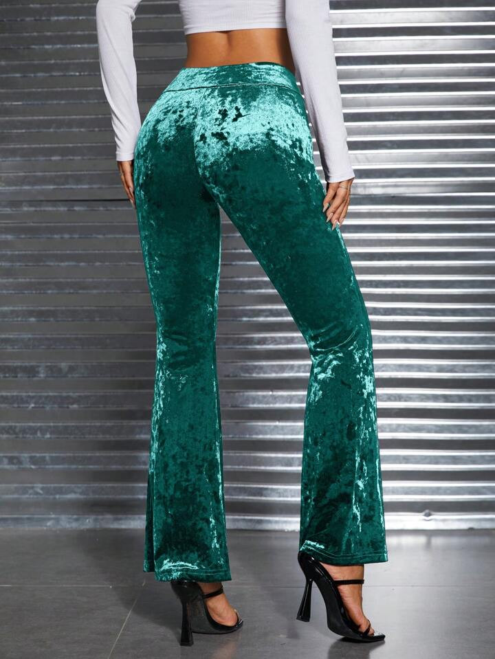 SHEIN PETITE High Waist Velvet Flare Leg Pants | SHEIN