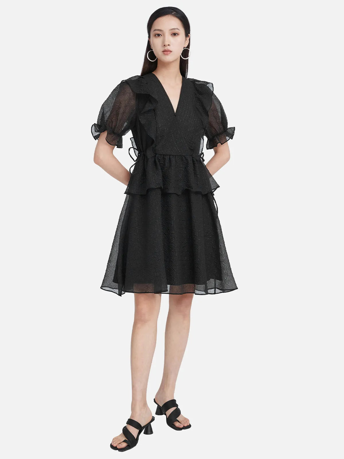 V-Neck A-line Mesh Puff Sleeve Dress | SDEER